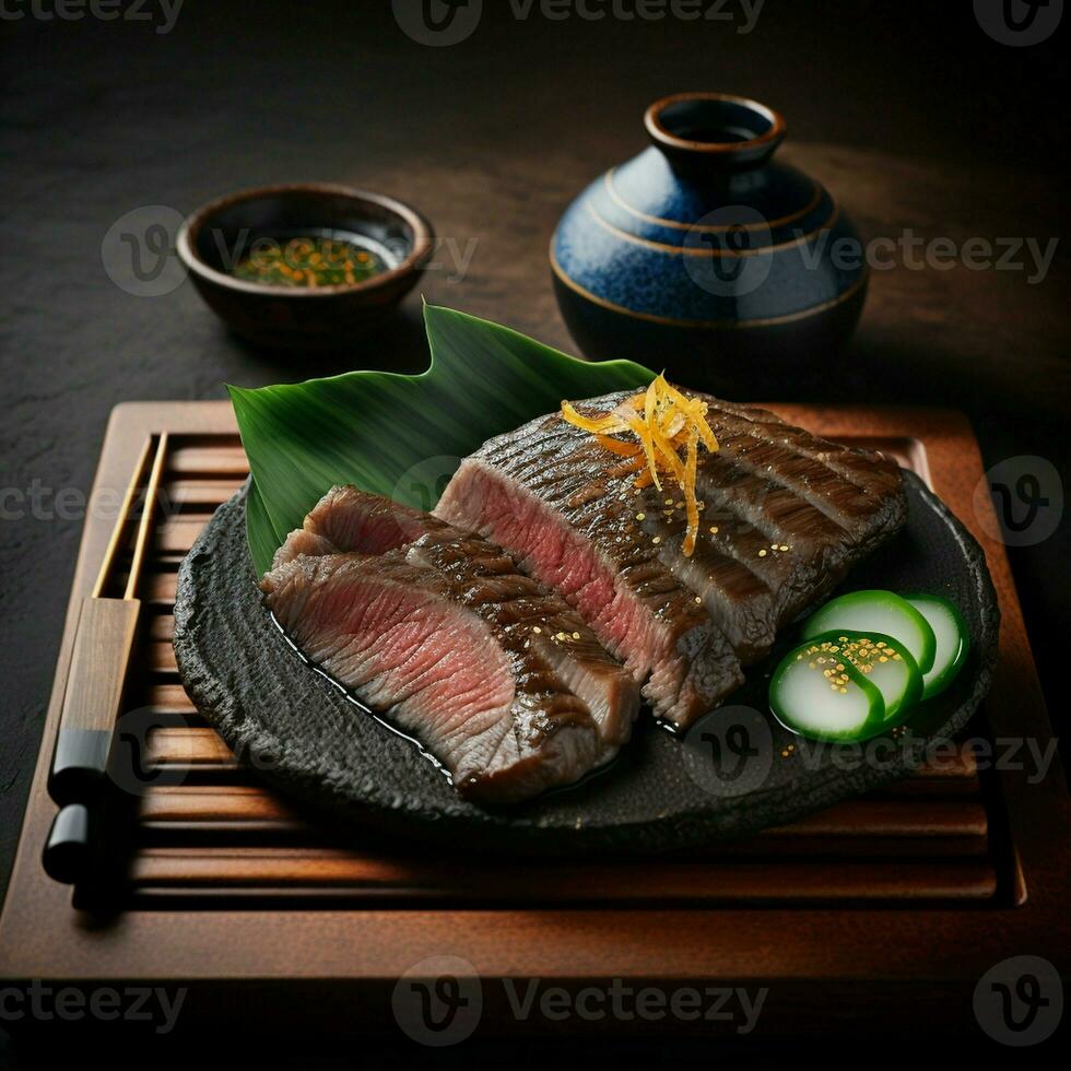 genießen das köstlich Geschmack von auf Holzkohle gegrillt kobe wagyu Rindfleisch, geschnitten und serviert wie Yakiniku, ein Gourmet japanischer Stil Grill Gericht. ai generativ foto