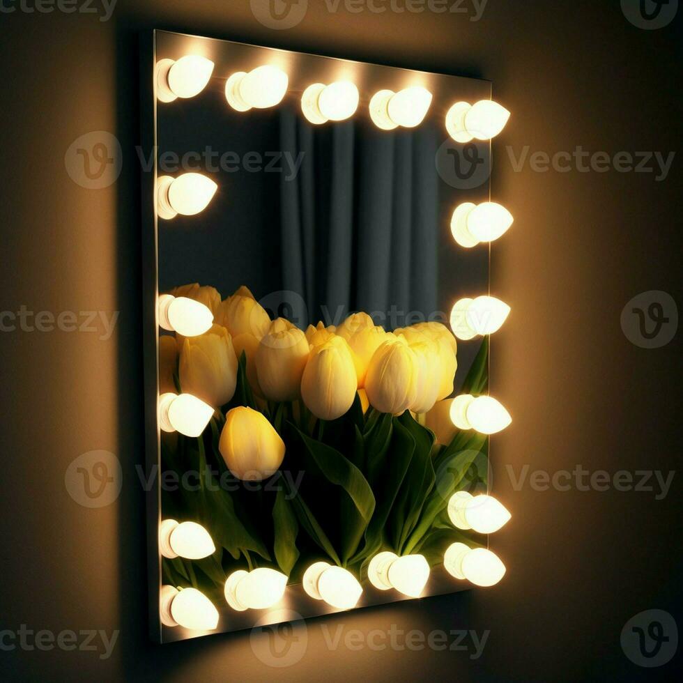 Dressing Zimmer, Dort ist ein Spiegel beleuchtet mit Tulpe Glühbirnen. diese Idee hilft zu speichern Energie wie Sie sind Energieeffizient elektrisch Glühbirnen, welche emittieren hell Licht und zur Verfügung stellen ein Sinn. ai generativ foto
