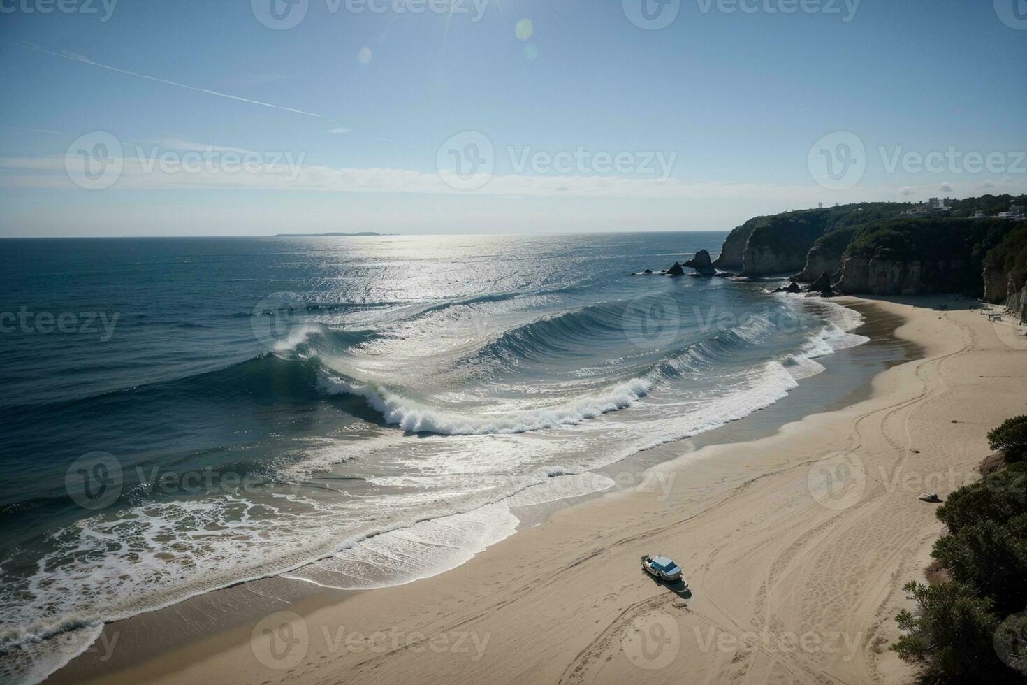 Ozean Glückseligkeit Ruhe und Schönheit auf das Blau Matte durch das Strand. ai generiert. foto