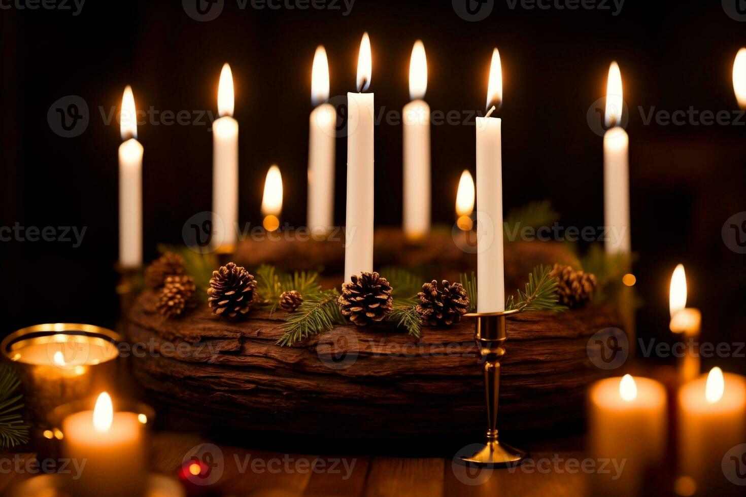rustikal und elegant Weihnachten Log Kerze Inhaber zum gemütlich Winter Nächte. ai generiert. foto