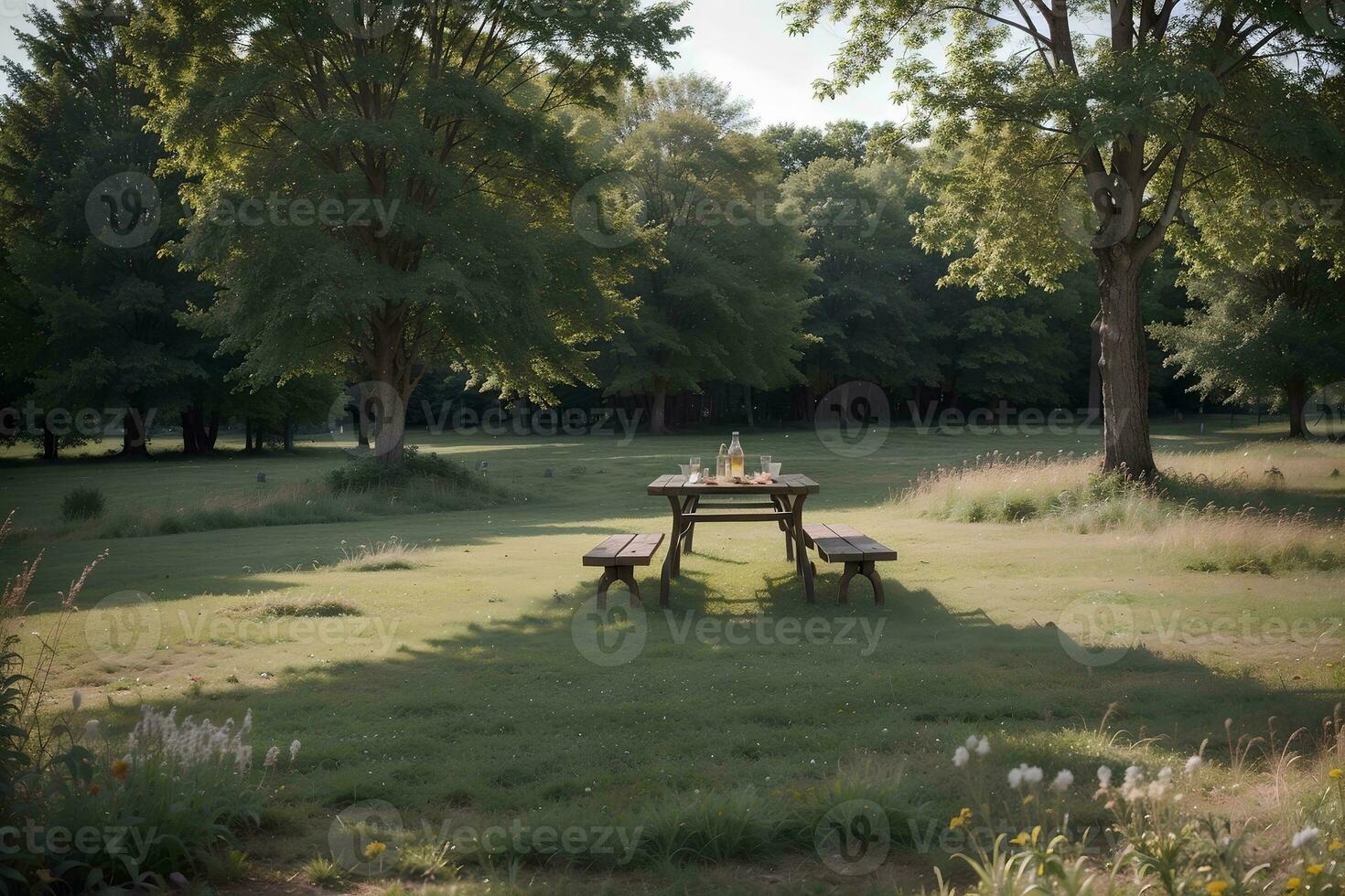 Natur s Gelassenheit ein perfekt Picknick Stelle im das Wiesen. ai generiert. foto