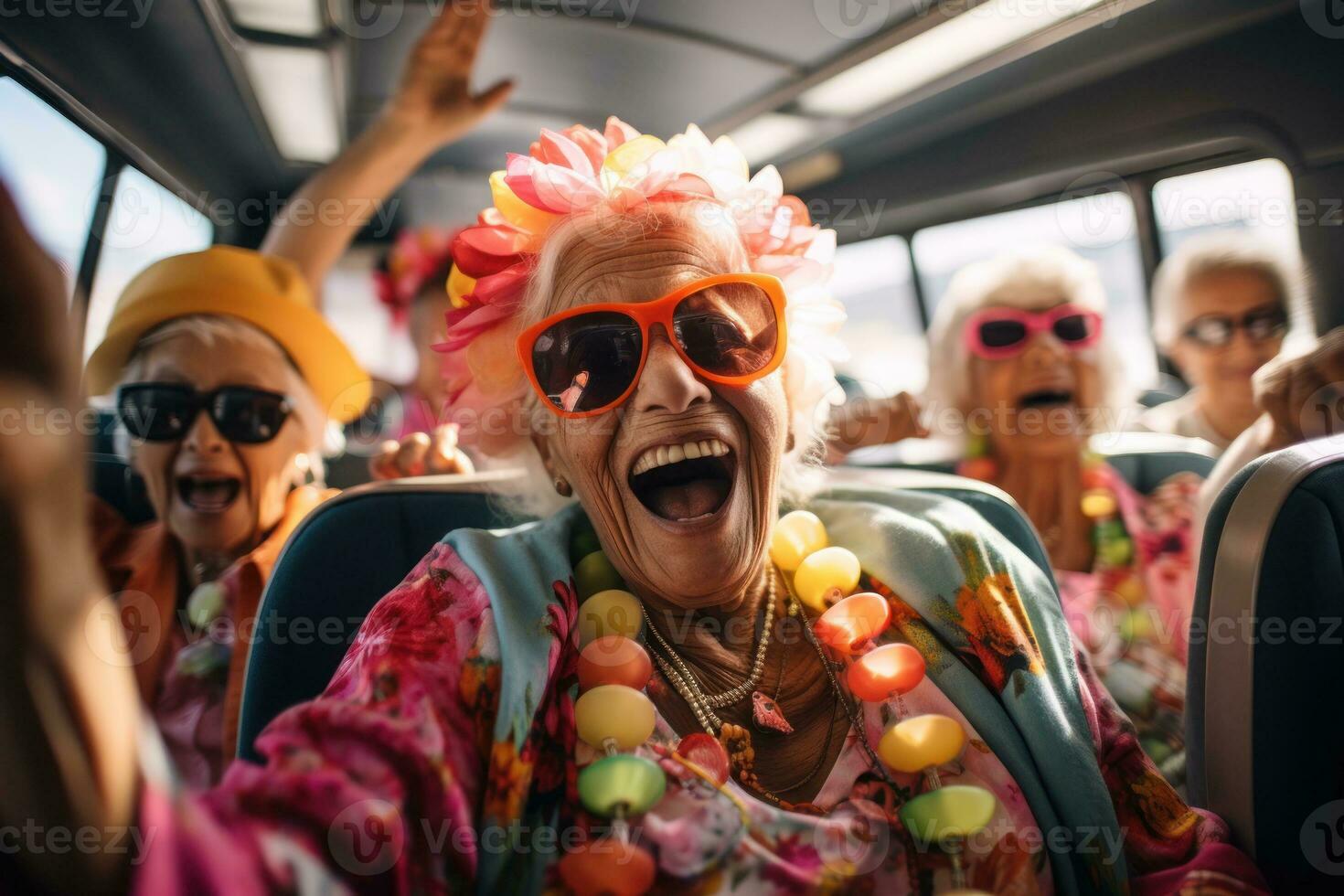 Senioren genießen Pflege Ausflug Ausflug mit Menschen haben Spaß auf Tafel von ein bequem Bus. generativ ai foto