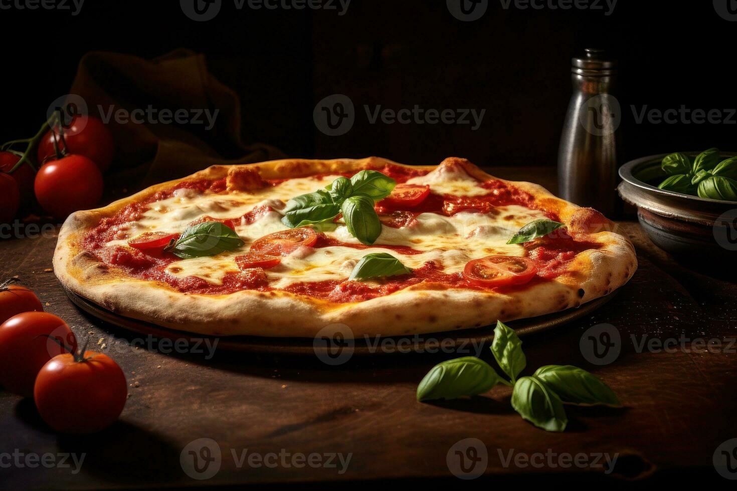 Pizza Perfektion Welt Klasse Ofen gebacken Freuden Dekoration mit Toppingsai generativ foto