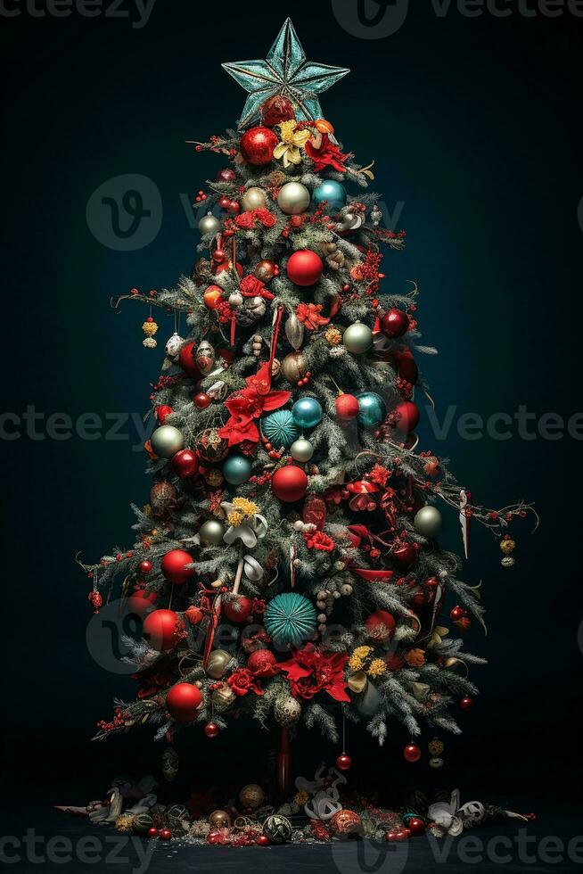 ai generiert Bild von Weihnachten Feier Baum im modern und klassisch Design im das Straße und Natur und Innere foto