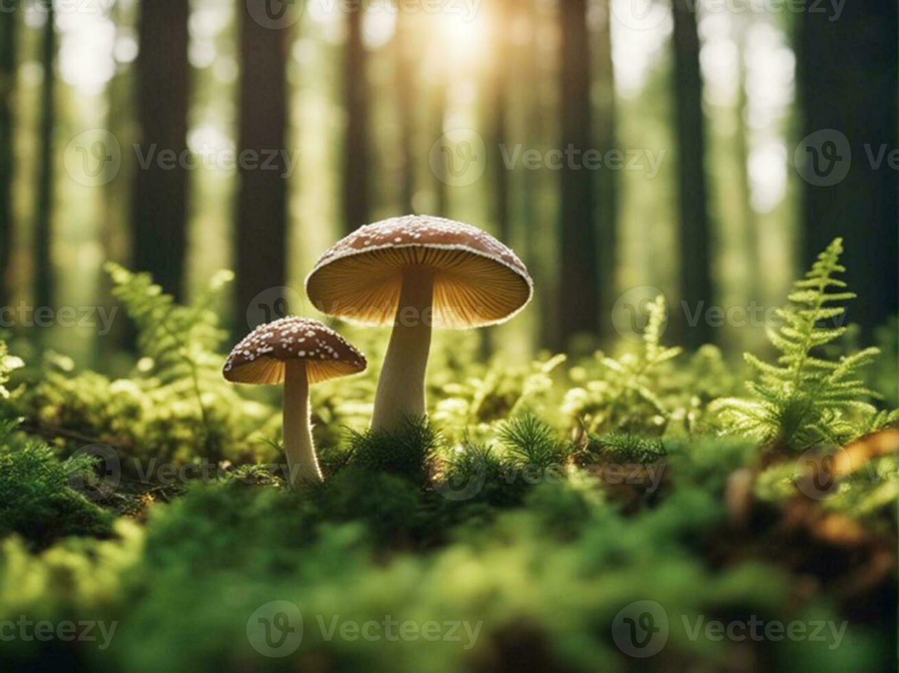 gesund Pilze im das Feld Grün sonnig Nadelbaum Wald, Hintergrund ai generativ foto