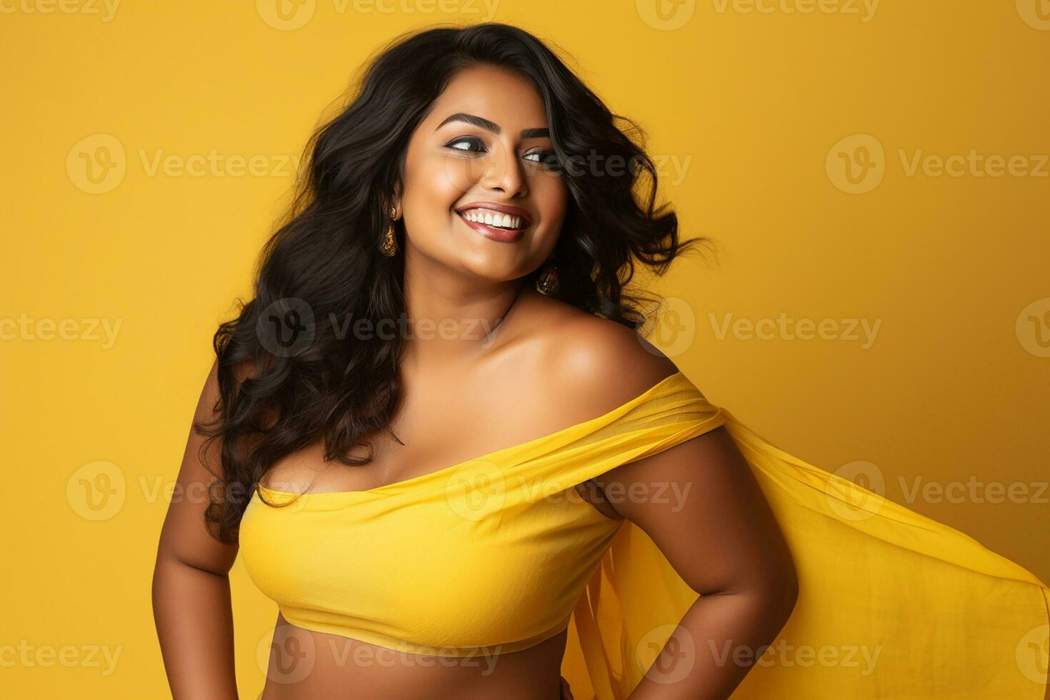ai generiert Studio Porträt von schön Fett übergewichtet Frau auf anders Farbe Hintergrund foto