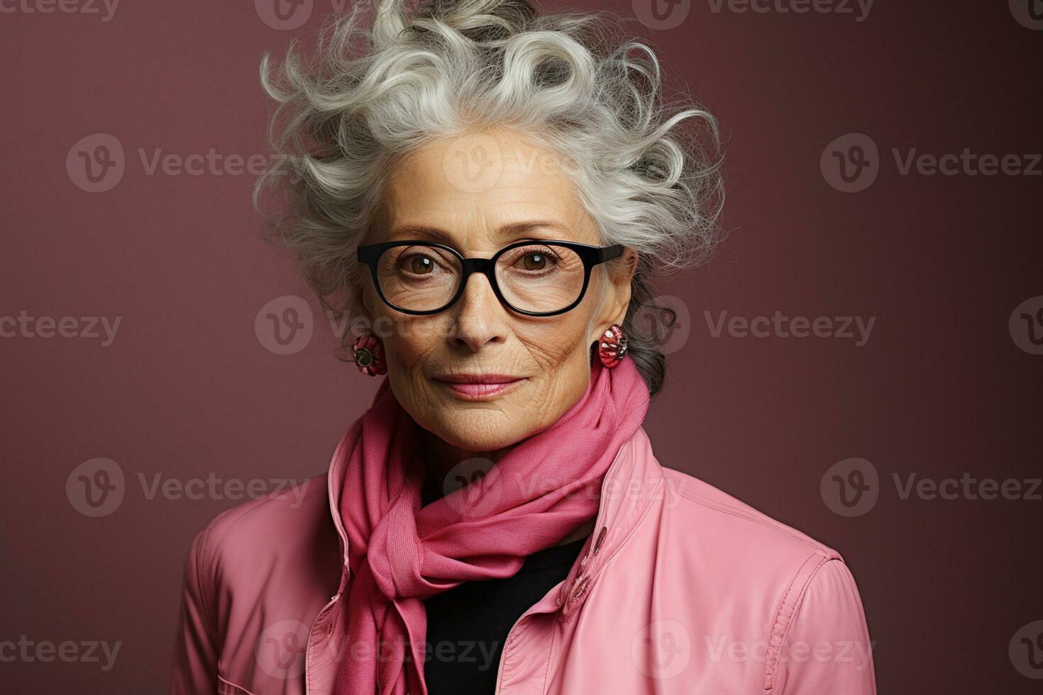 ai generiert Studio Porträt von modisch alt Alten Frau auf anders Farbe Hintergrund im Brille und Kopfhörer foto