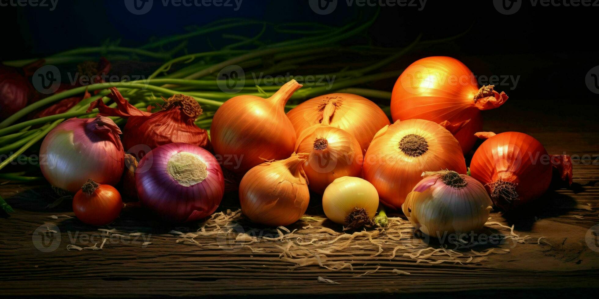 frisch und bunt Zwiebeln auf ein hölzern Tisch. generativ ai foto