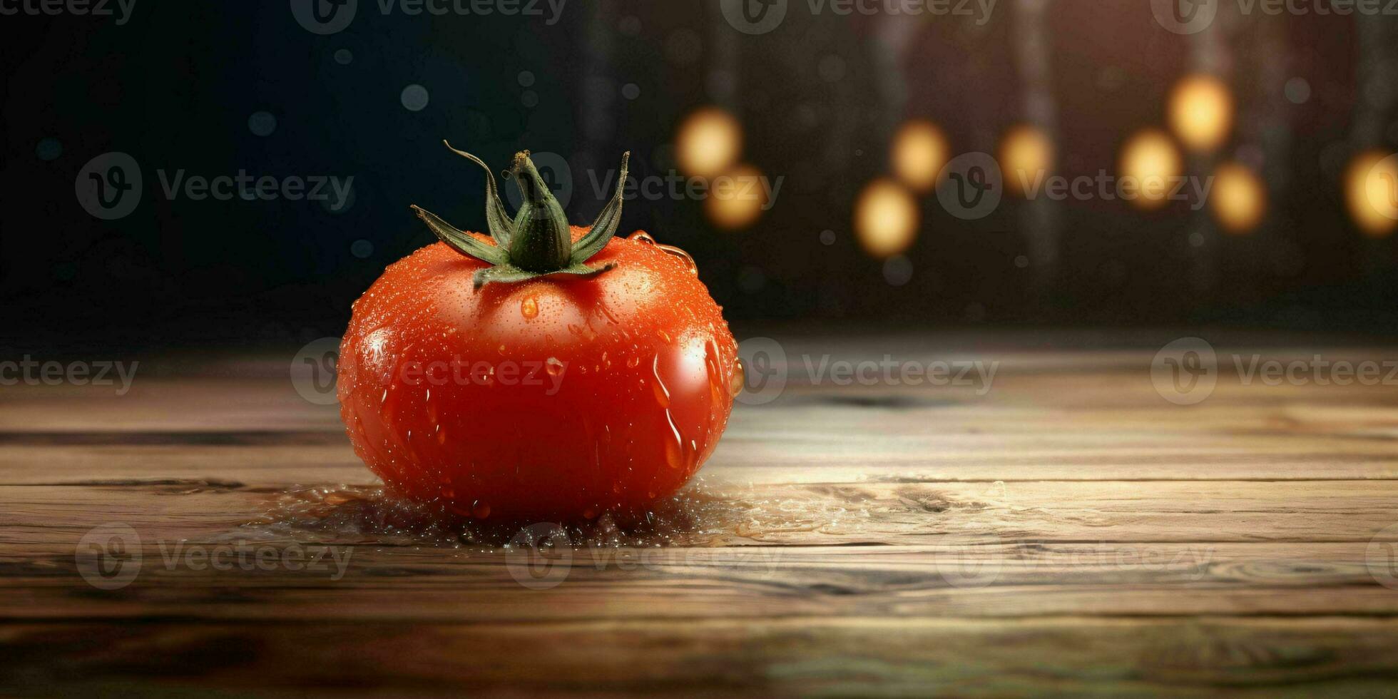 frisch rot Tomaten mit Wasser Tröpfchen auf hölzern Tisch. generativ ai foto