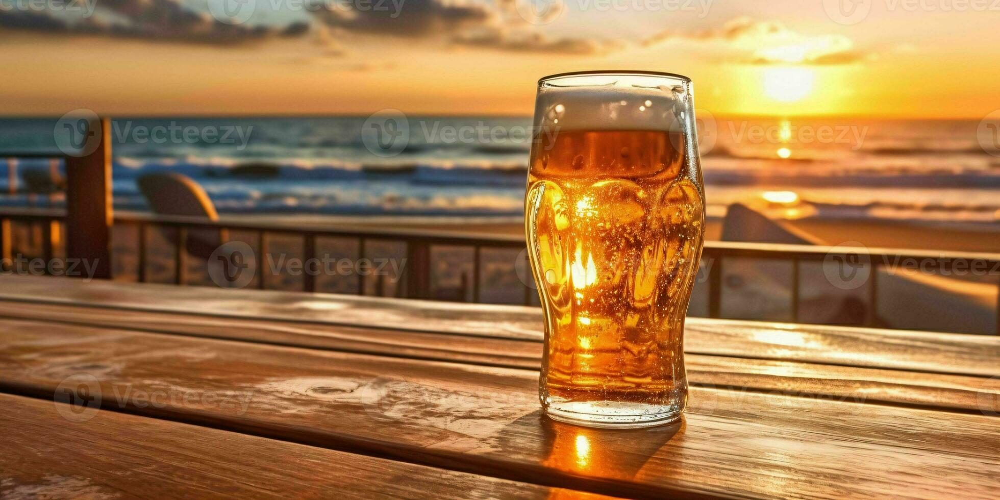 frisch Bier auf ein hölzern Tabelle mit Strand Sicht. generativ ai foto