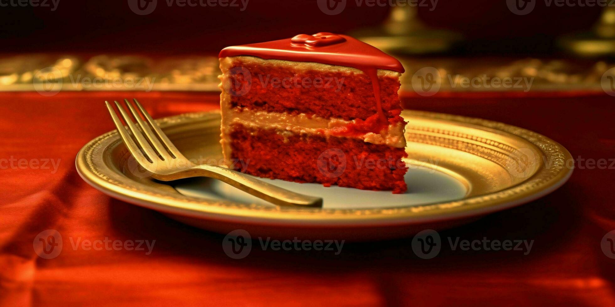 ein köstlich Scheibe von rot Kuchen auf ein golden Platte. generativ ai foto