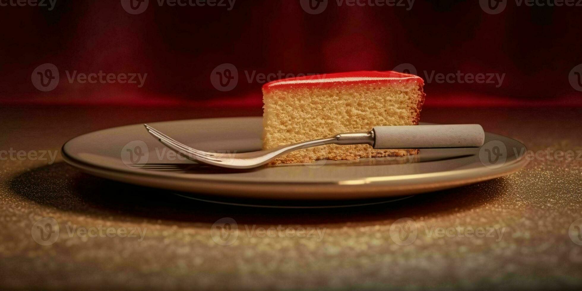 ein köstlich Scheibe von rot Kuchen auf ein golden Platte. generativ ai foto