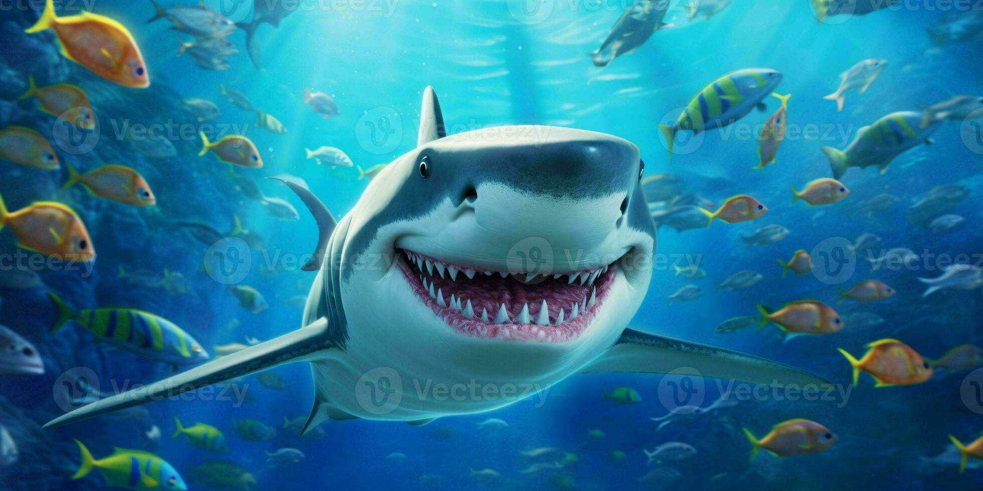 lächelnd Hai Illustration unter Wasser im Karikatur Stil. Fisch Porträt. generativ ai foto
