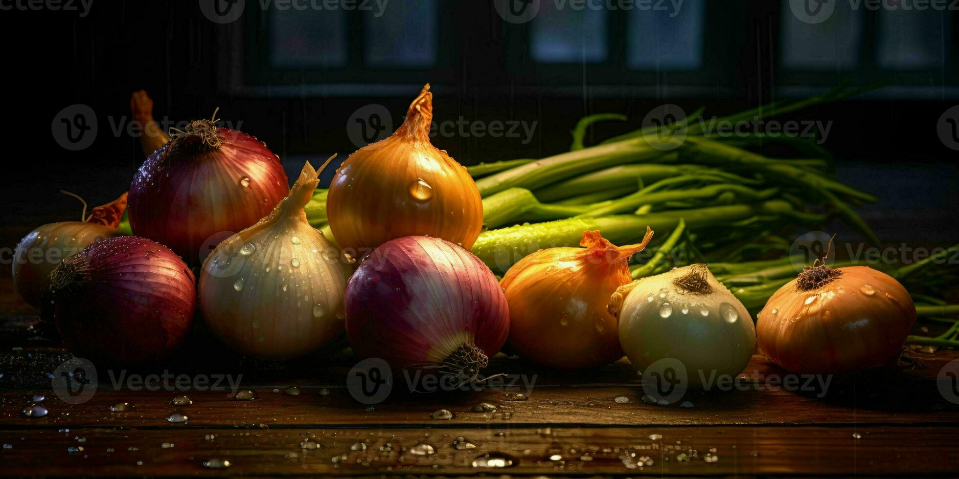 frisch und bunt Zwiebeln auf ein hölzern Tisch. generativ ai foto