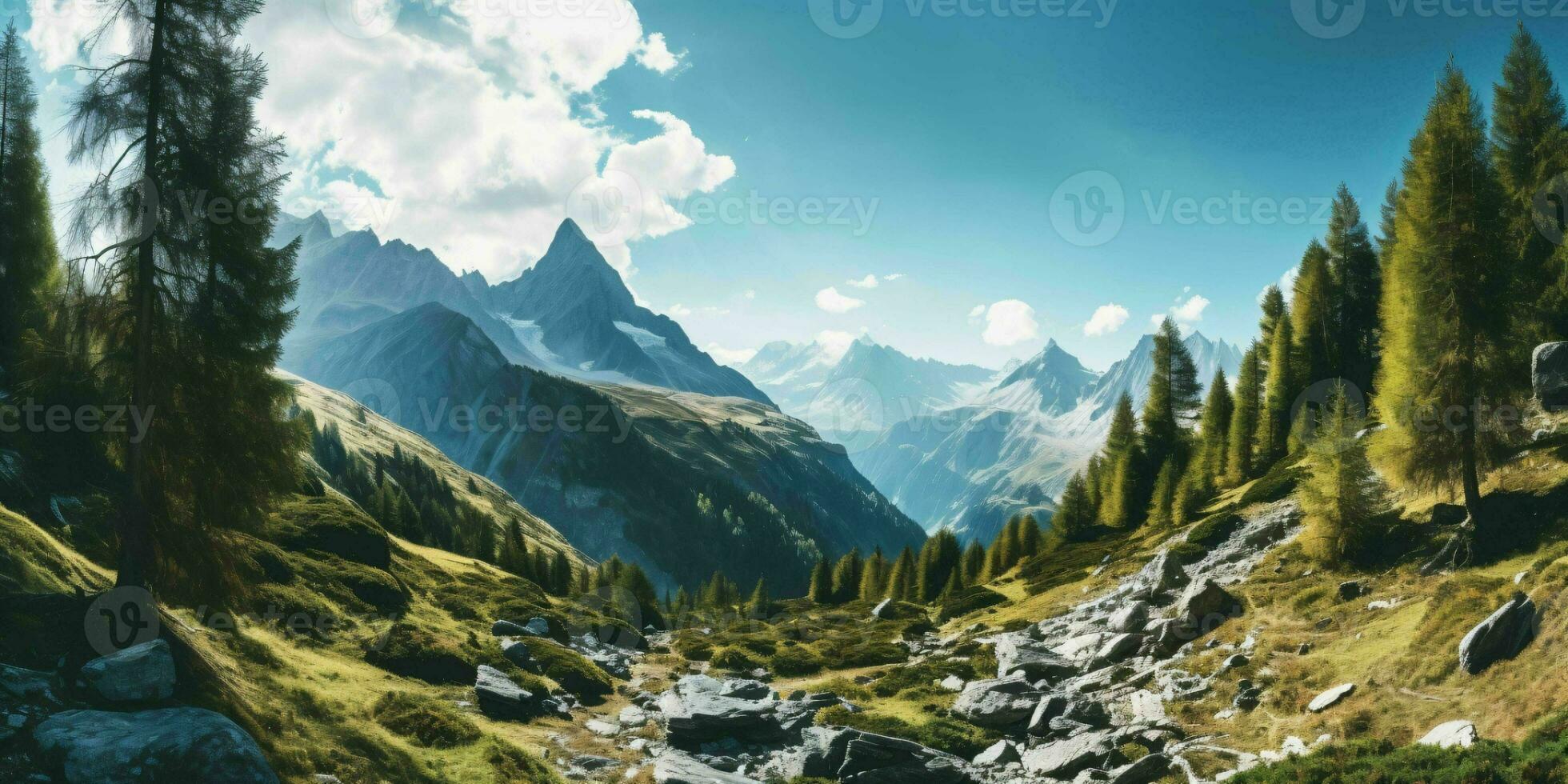 Illustration von ein enorm Berg Landschaft mit Bäume unterhalb. generativ ai foto