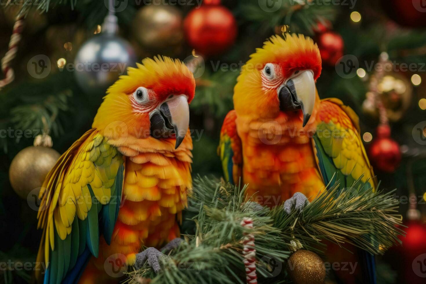 bunt Papageien thront auf dekoriert Weihnachten Bäume im ein tropisch Landschaft foto