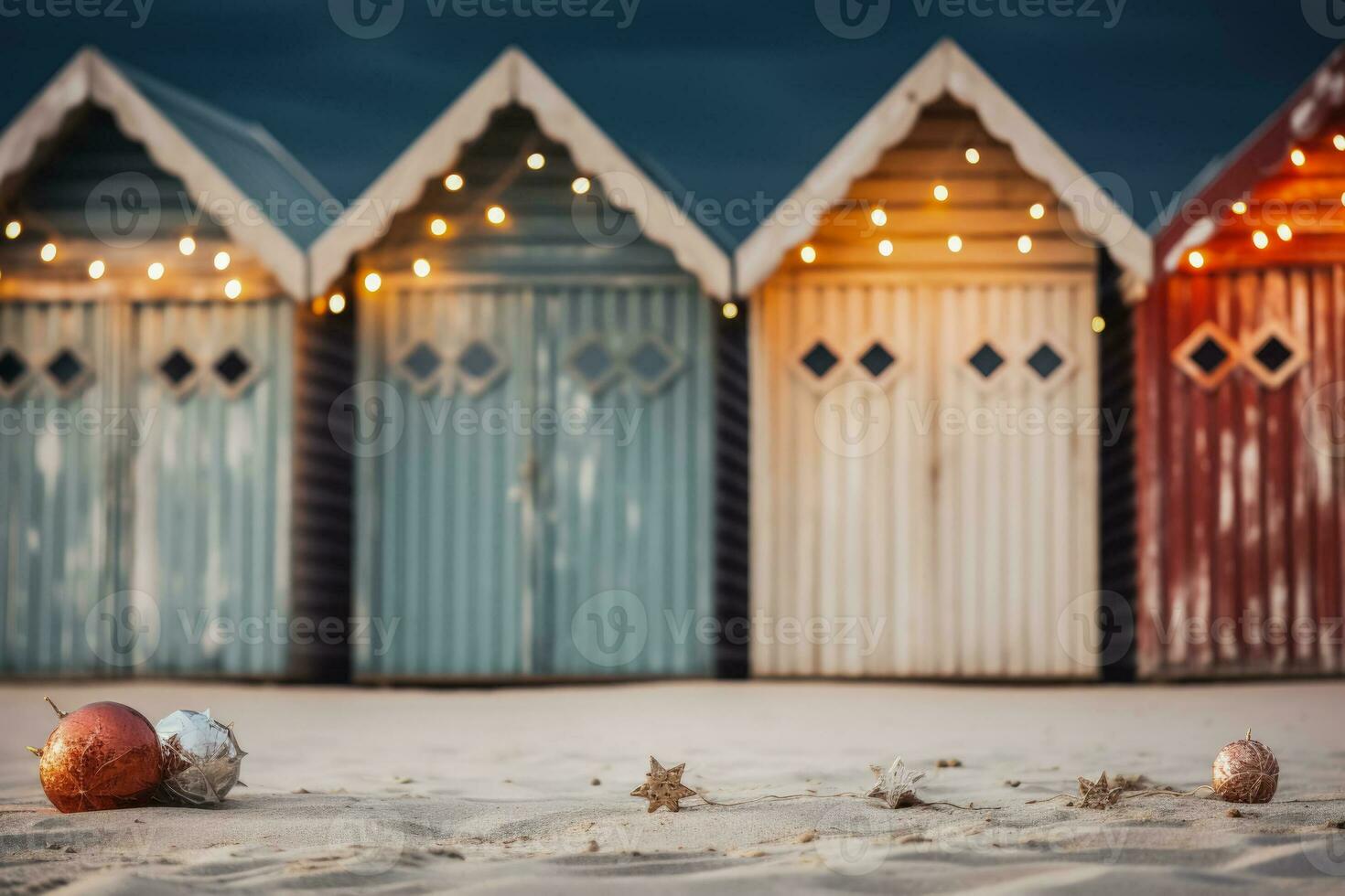 Strand Hütten mit festlich Beleuchtung zum Neu Jahre Feier Hintergrund mit leeren Raum zum Text foto