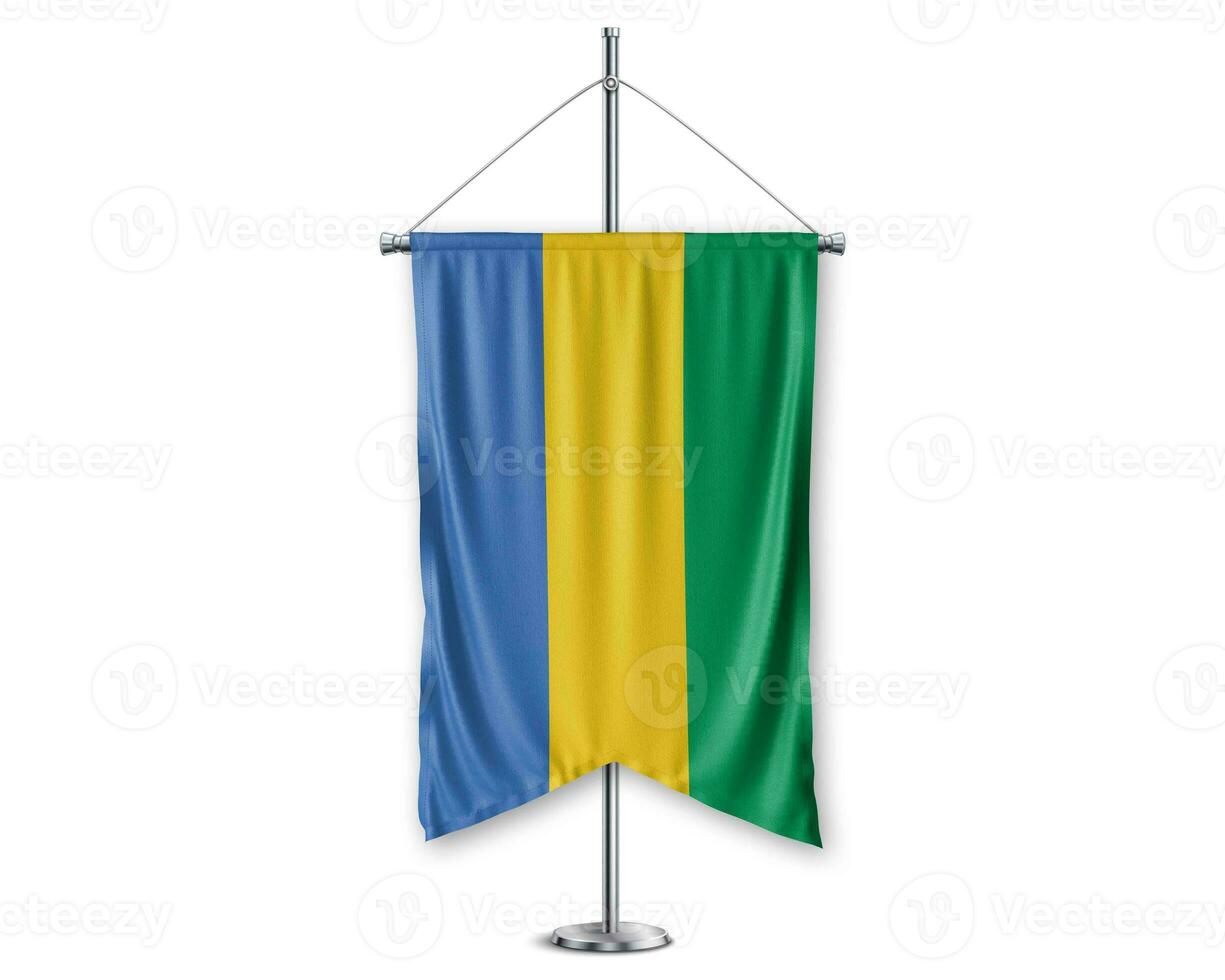 gabon oben Wimpel 3d Flaggen auf Pole Stand Unterstützung Sockel realistisch einstellen und Weiß Hintergrund. - - Bild foto