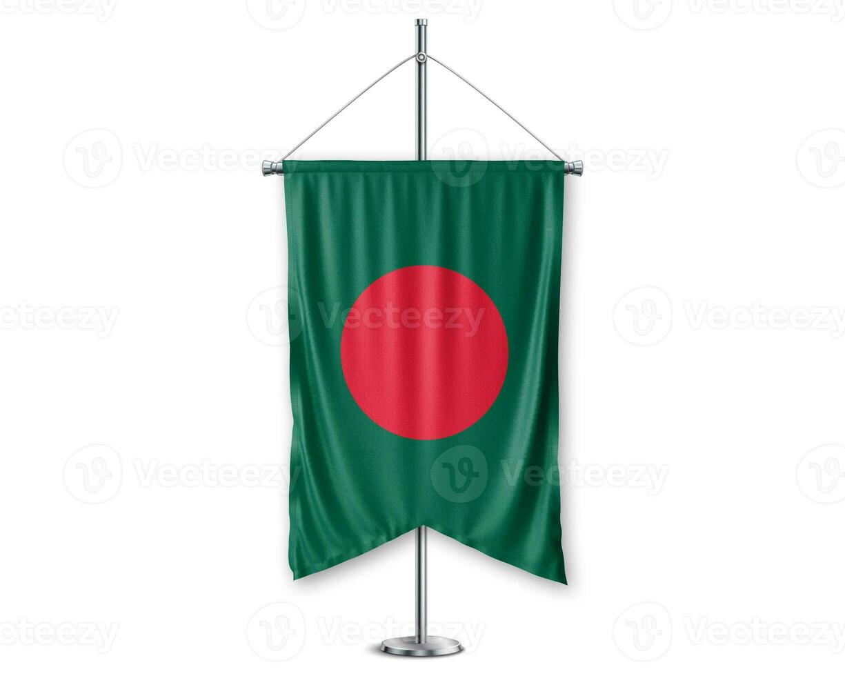 Bangladesch oben Wimpel 3d Flaggen auf Pole Stand Unterstützung Sockel realistisch einstellen und Weiß Hintergrund. - - Bild foto