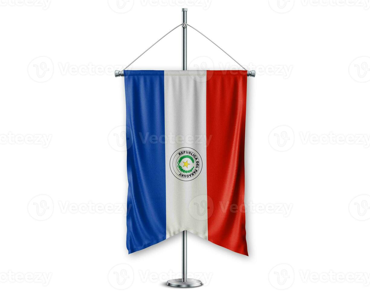 Paraquay oben Wimpel 3d Flaggen auf Pole Stand Unterstützung Sockel realistisch einstellen und Weiß Hintergrund. - - Bild foto