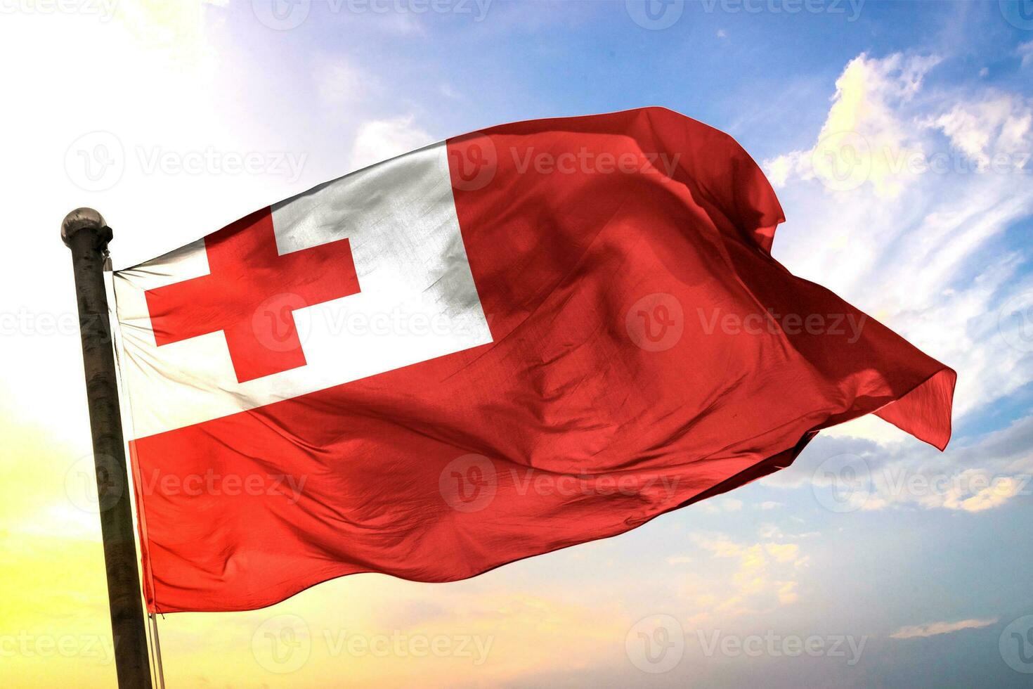 Tonga 3d Rendern Flagge winken isoliert Himmel und Wolke Hintergrund foto