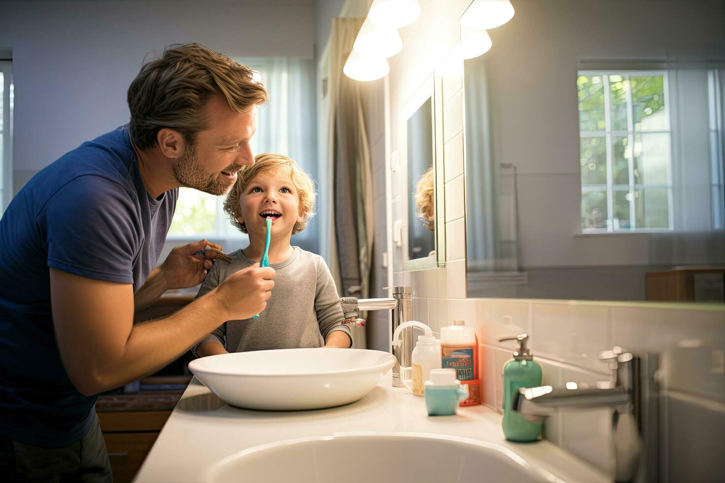 Vater und Sohn Bürsten Zähne im Badezimmer beim Zuhause zusammen, Kind Papa und Bürsten Zähne im ein Familie Zuhause Bad, ai generiert foto