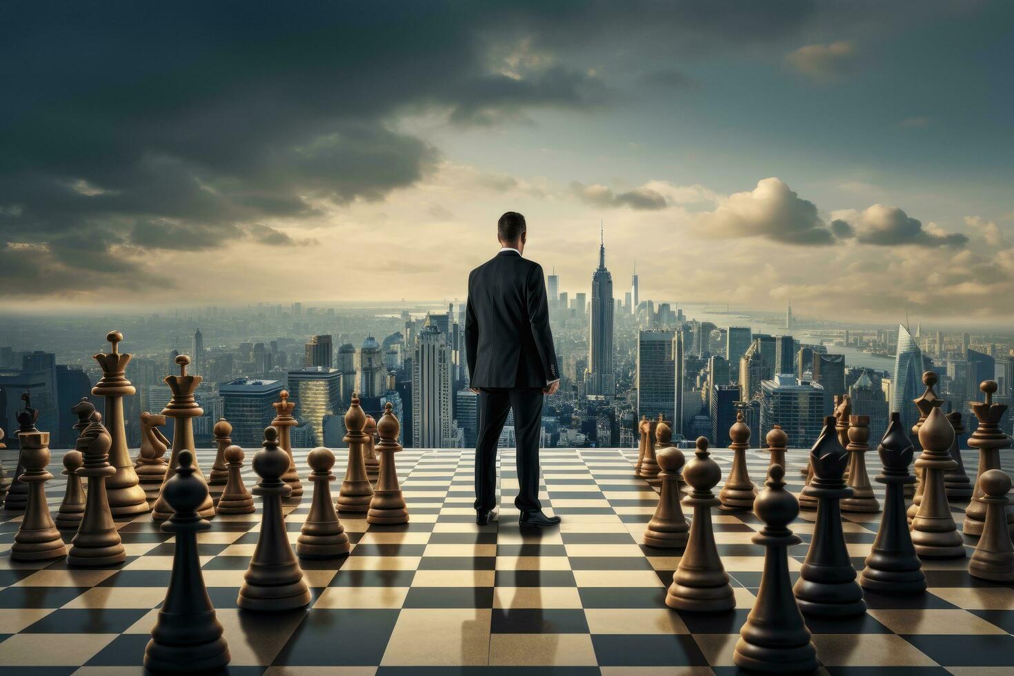 Geschäftsmann Stehen auf Schachbrett und suchen beim Stadt. Schach Konzept, wettbewerbsfähig Vorteil, strategisch Marketing Konzept, ai generiert foto