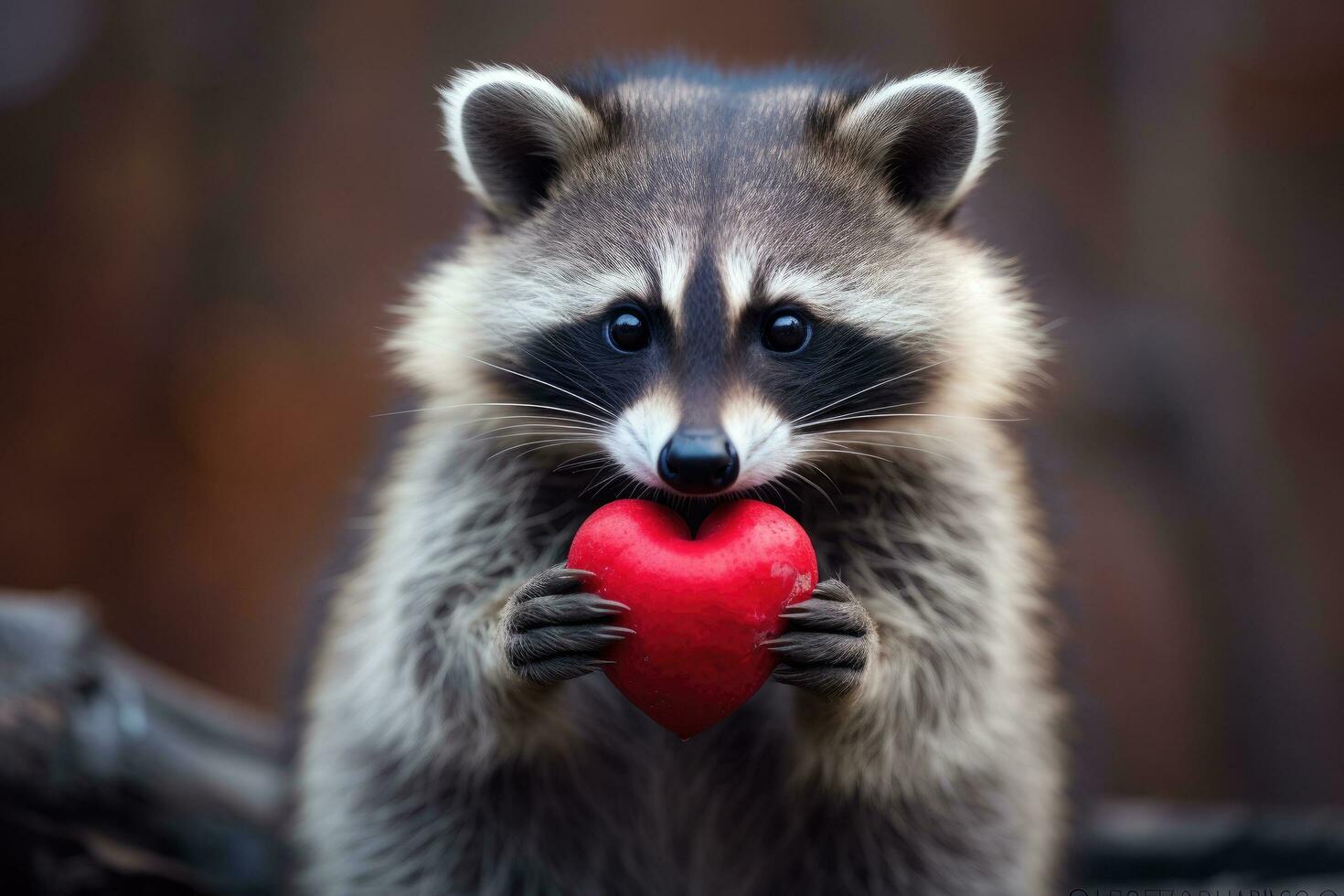 Waschbär halten ein rot Herz im es ist Pfoten. Liebe Konzept, süß Baby Waschbär halten rot Herz auf Valentinsgrüße Tag, ai generiert foto