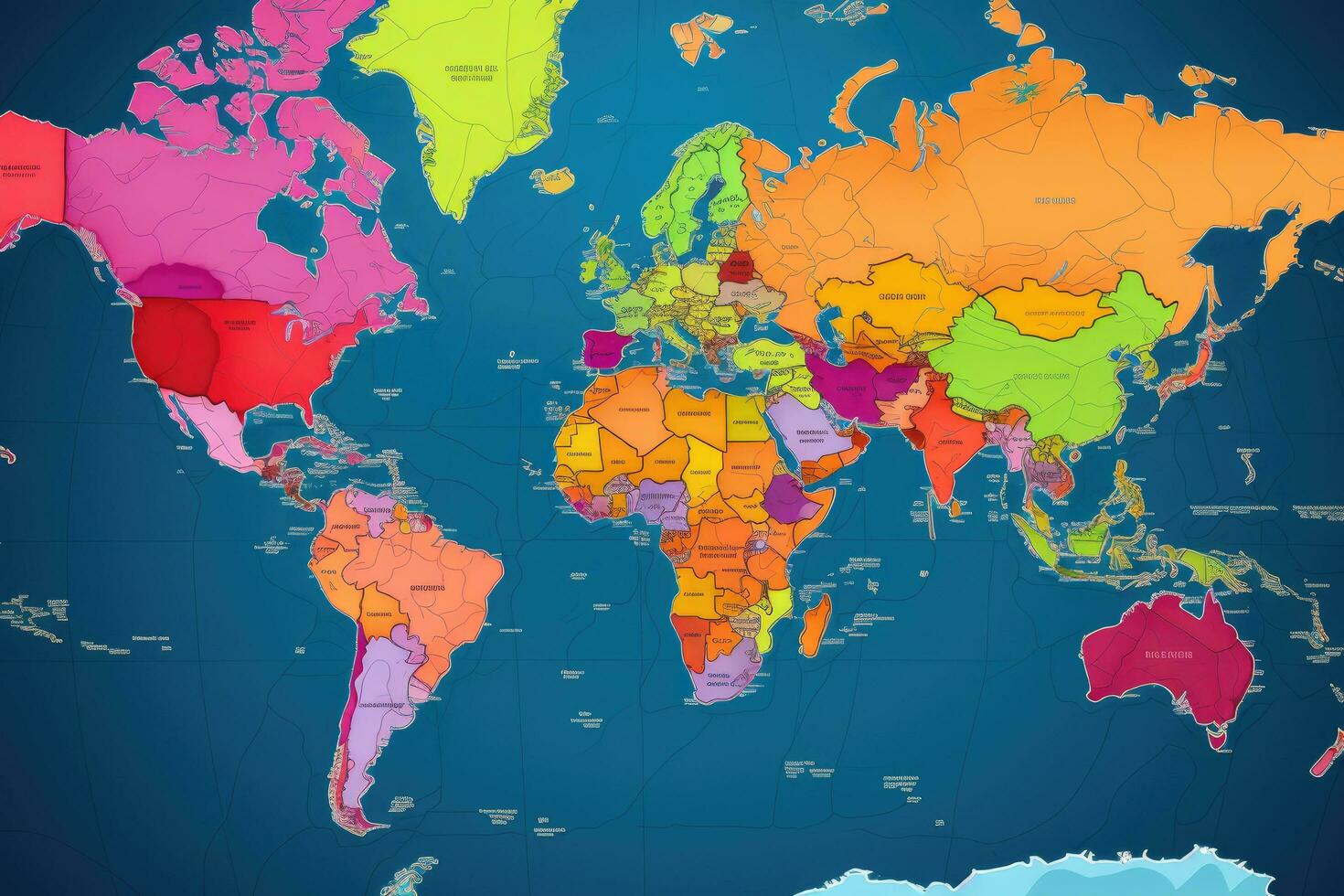 Karte von Europa mit Land Grenzen auf Blau Hintergrund. Vektor Illustration, farbig Welt Karte. politisch Karten, bunt Welt Länder, und Land, ai generiert foto