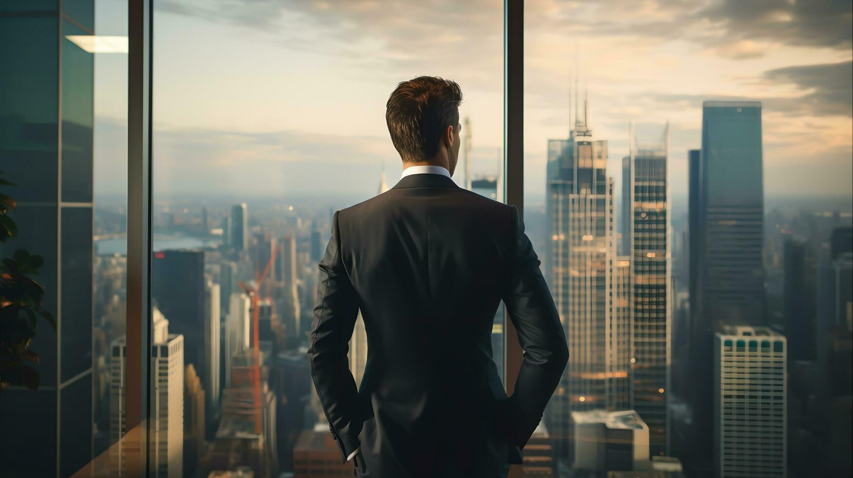 erfolgreich Unternehmer Stehen im elegant Büro Raum Geschäft Führung, ai generiert foto