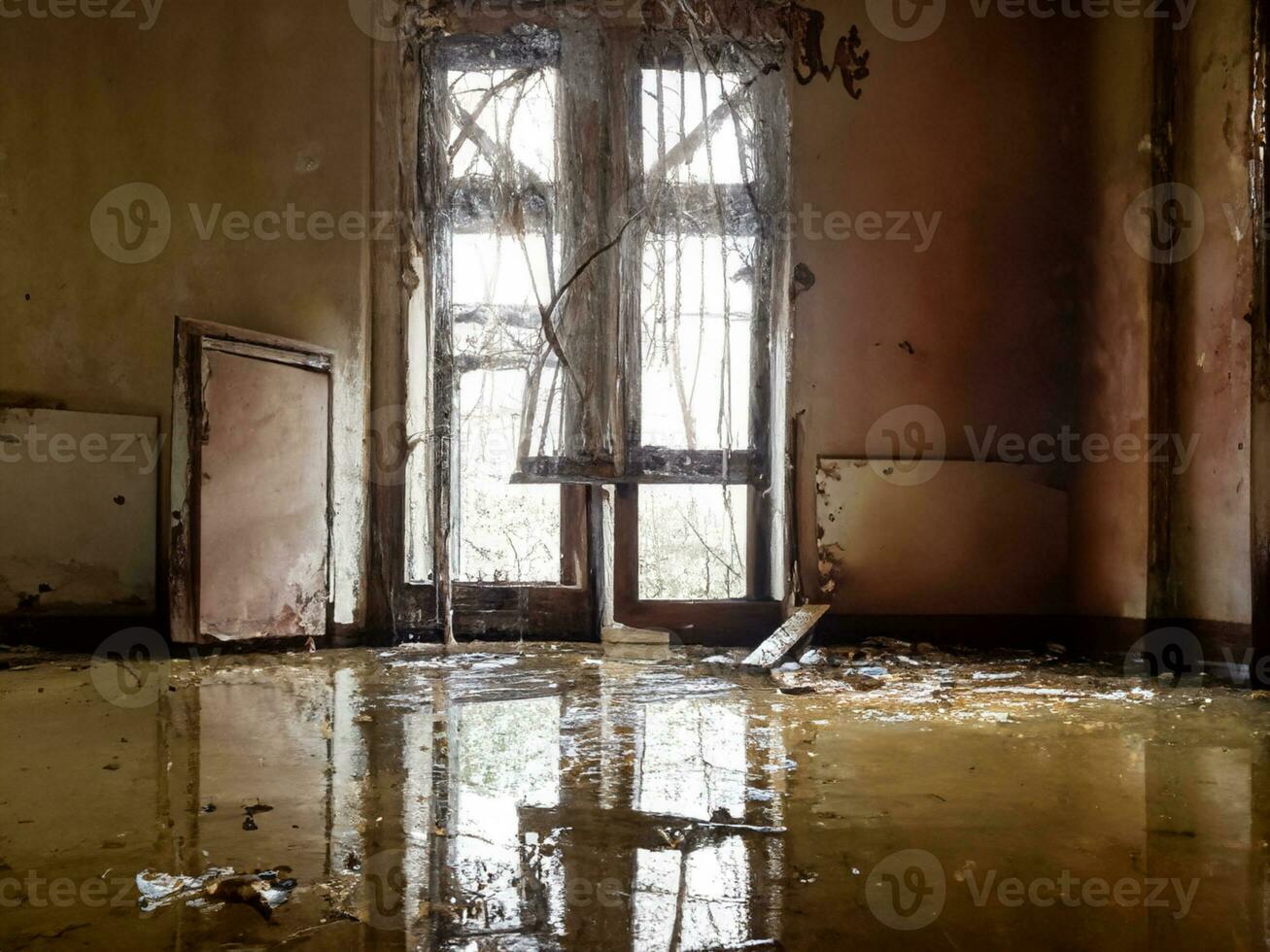 Innere von ein Haus nach ein überflutet Erdbeben, foto