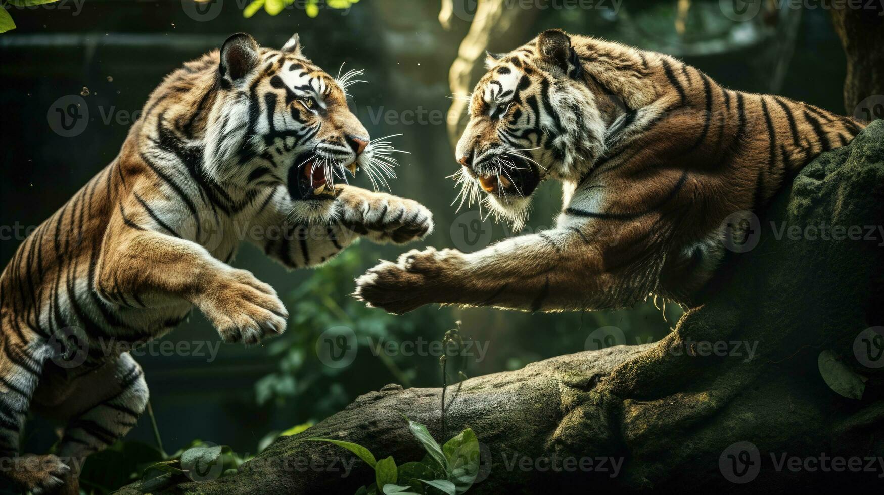 Tiger Showdown im das Urwald ein dramatisch Tierwelt Begegnung generiert foto