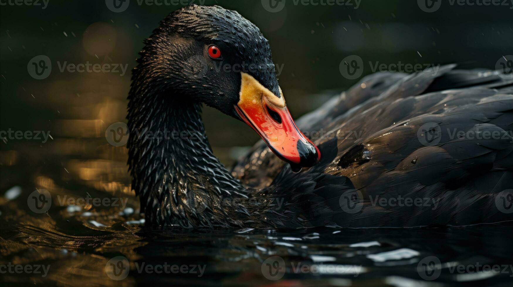 das Eleganz von ein schwarz Schwan mit ein golden Schnabel und Füße auf das Wasser ai generiert foto