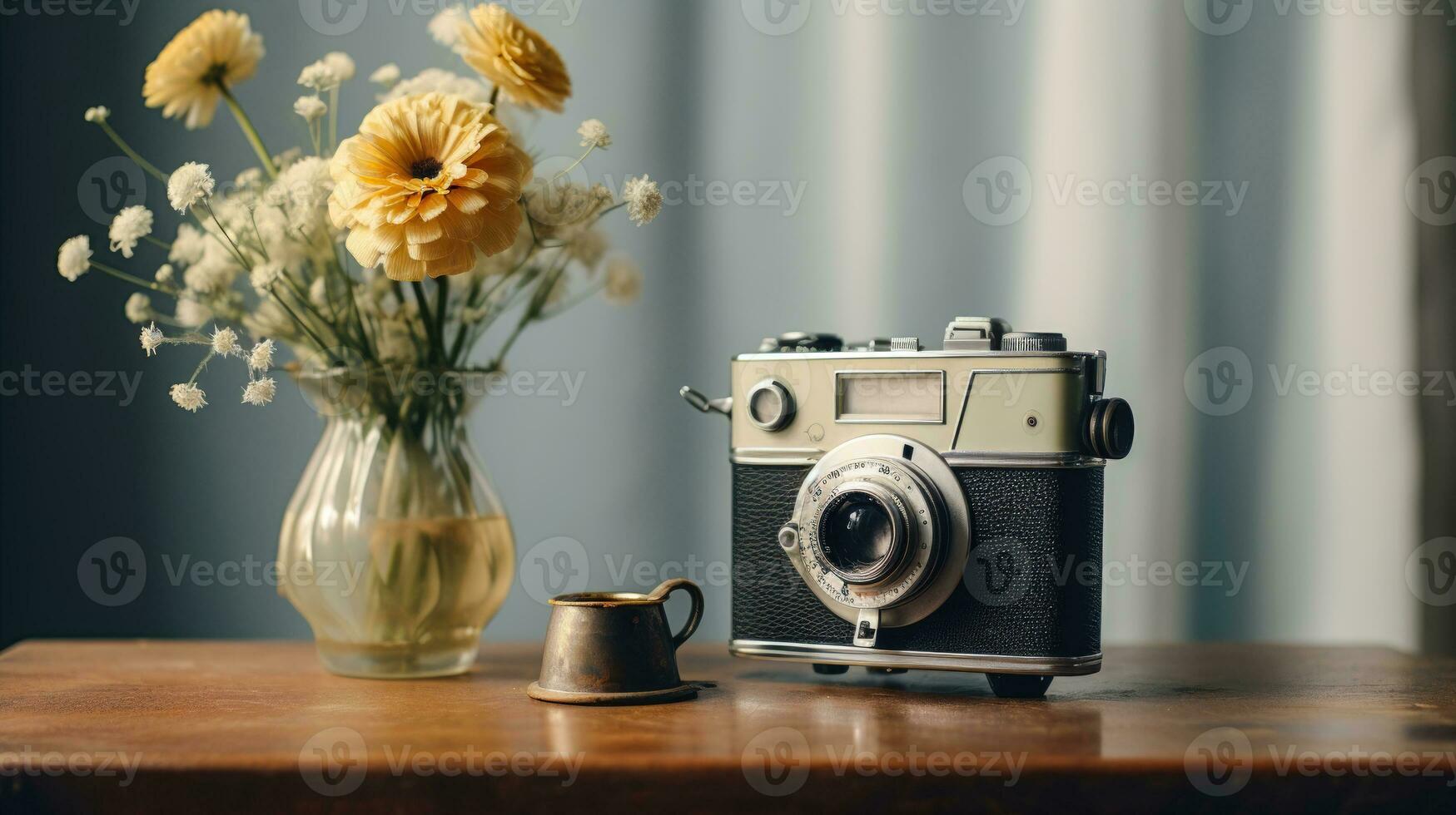 Jahrgang Fotografie Ausrüstung Antiquität Kamera und heiß Getränk auf Blumen- Anordnung ai generiert foto