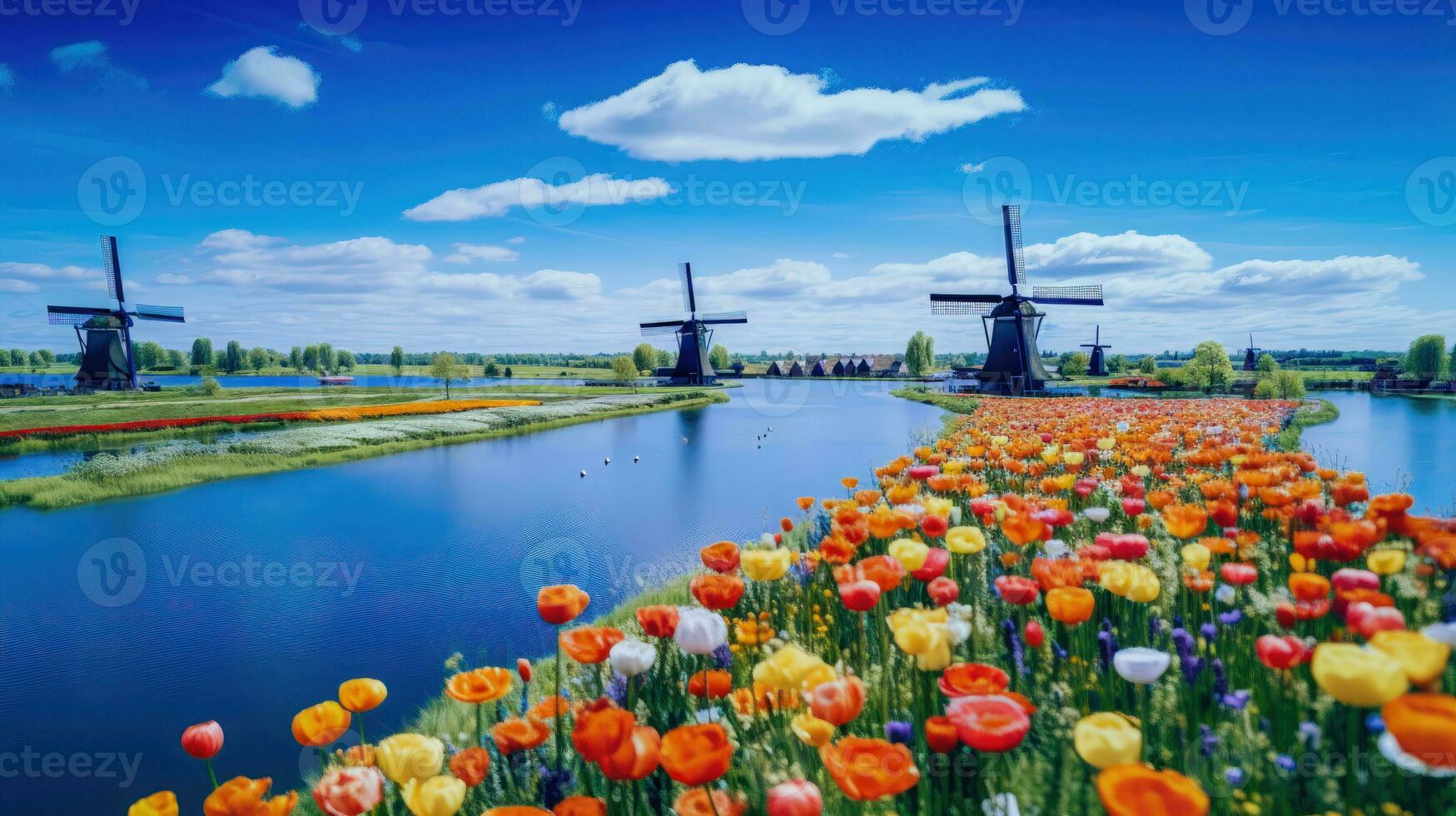 Blume Garten ein bunt Anzeige von Tulpen und Windmühlen ai generiert foto