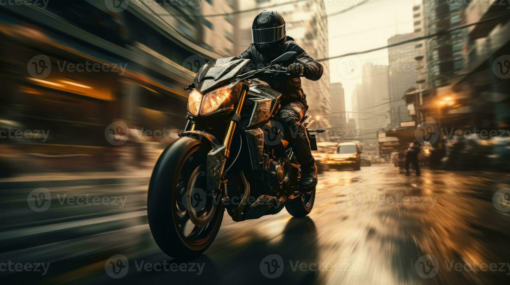 ein Motorradfahrer im Bewegung mit ein Spiel Symbol und ein Helm mit ein Rennen und städtisch Stil ai generiert foto