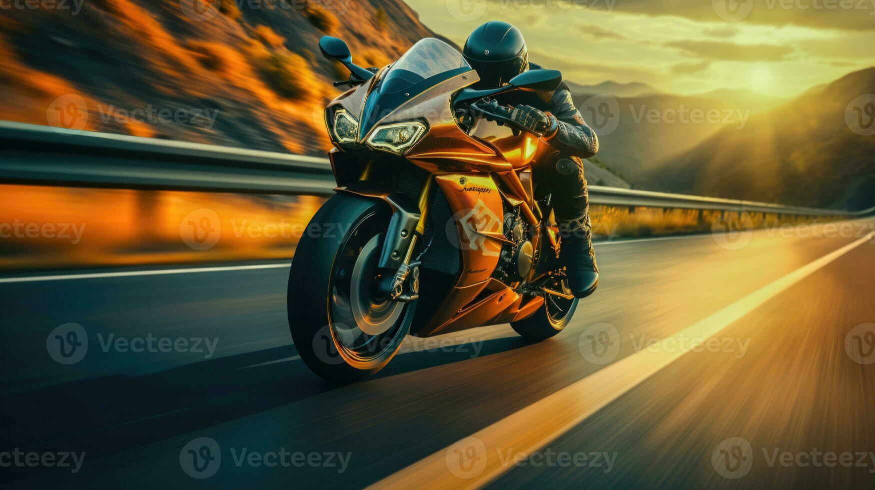 Motorradfahrer Reiten ein Sport Fahrrad auf ein Berg Straße beim Sonnenuntergang ai generiert foto