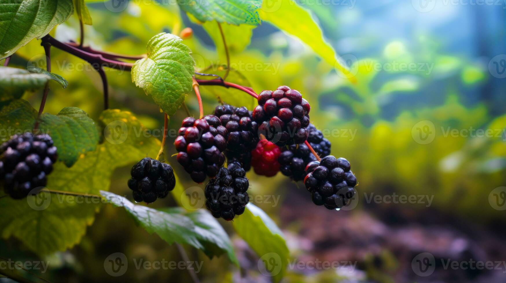 reif Brombeeren ein saftig und köstlich Bild von Brombeeren auf Baum im verschiedene Stufen von Reife ai generiert foto