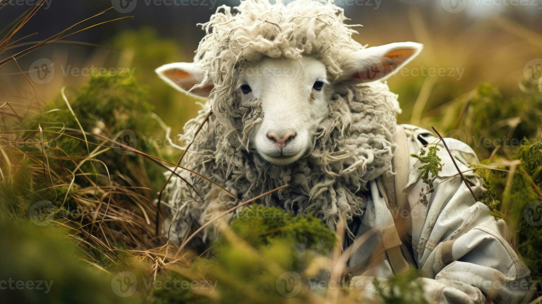 pastoral Szene ein gemütlich Schaf Weiden lassen im ein Wiese ai generiert foto