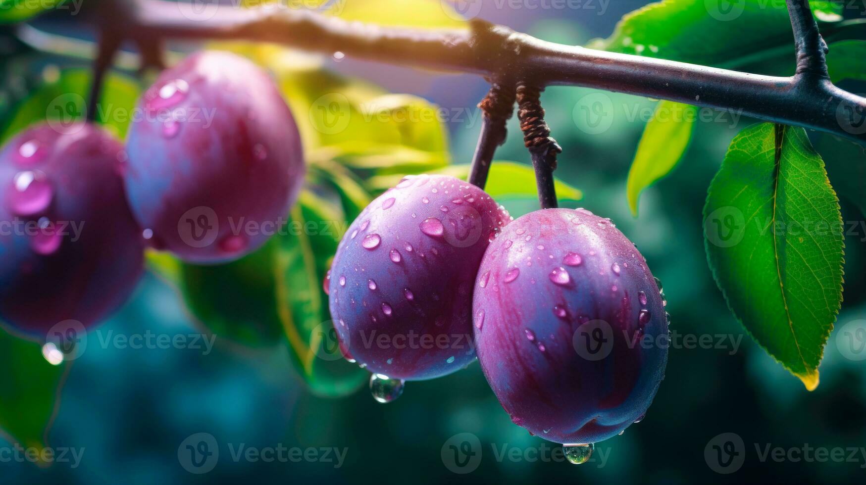 üppig Pflaumen bedeckt im Wasser Tröpfchen ein hohe Qualität Obst Fotografie ai generiert foto