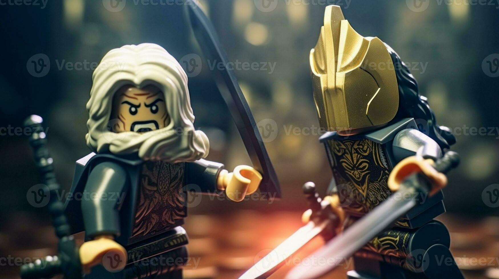 Lego Krieger kämpfen im ein heftig Epos Duell ai generativ foto