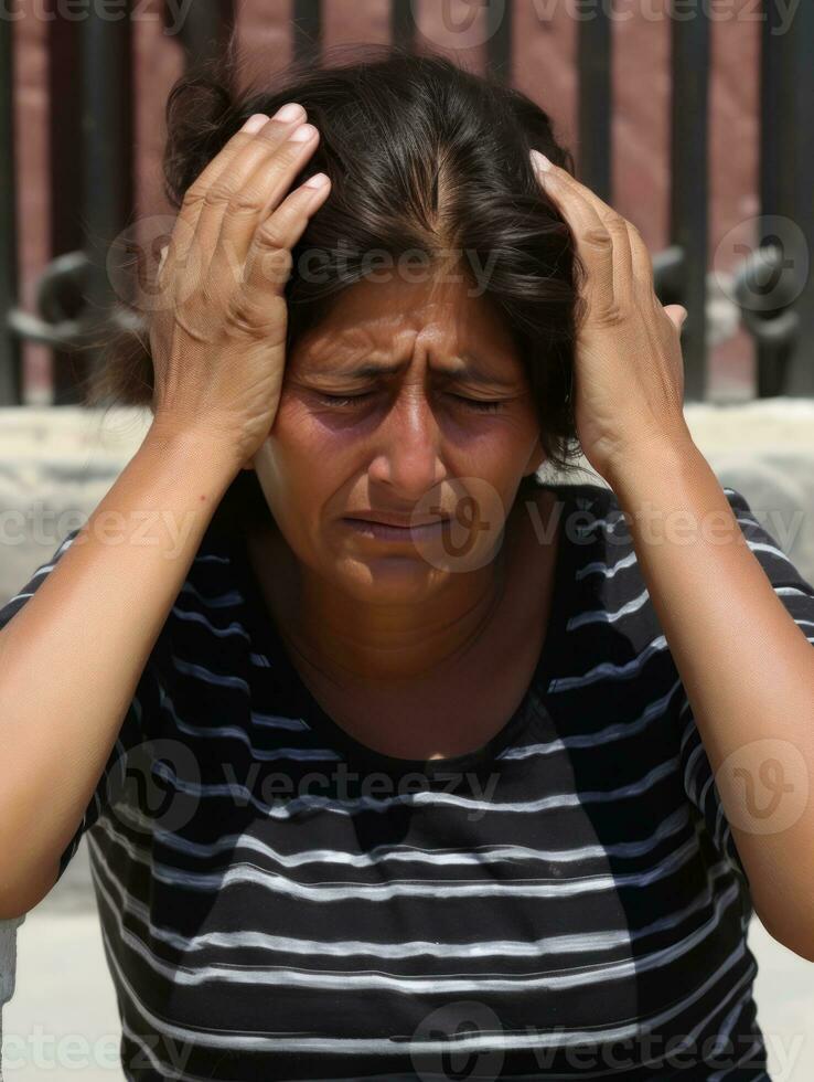 Mexikaner Frau erscheint zu Sein im Schmerzen von Kopfschmerzen ai generativ foto