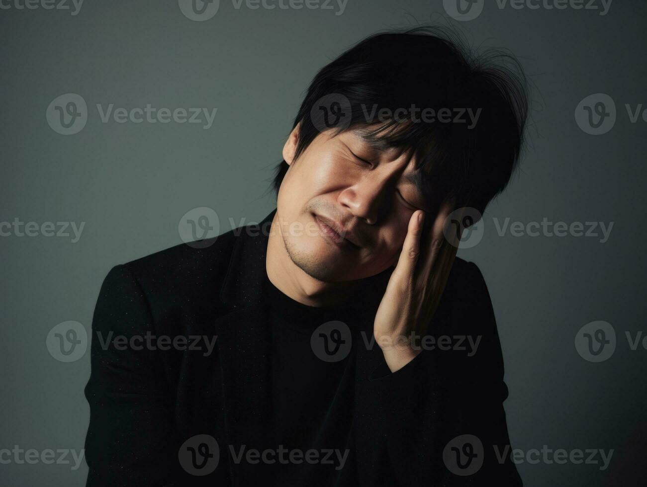 asiatisch Mann mit Schmerzen auf neutral Hintergrund ai generativ foto