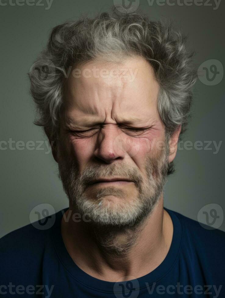 Mann mit Schmerzen auf neutral Hintergrund ai generativ foto