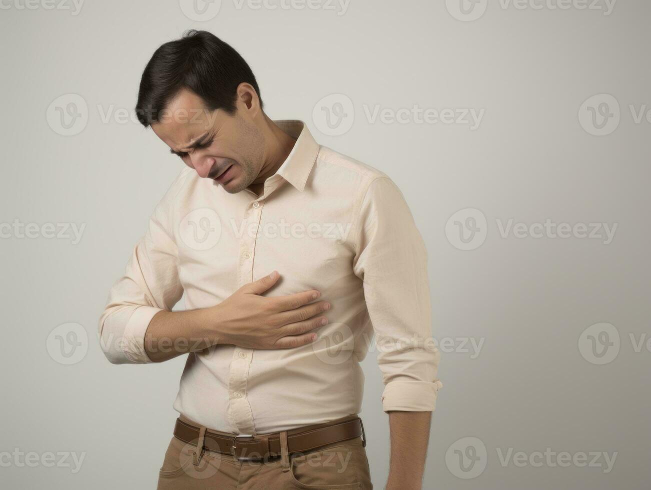 Mann mit Magenschmerzen auf neutral Hintergrund ai generativ foto