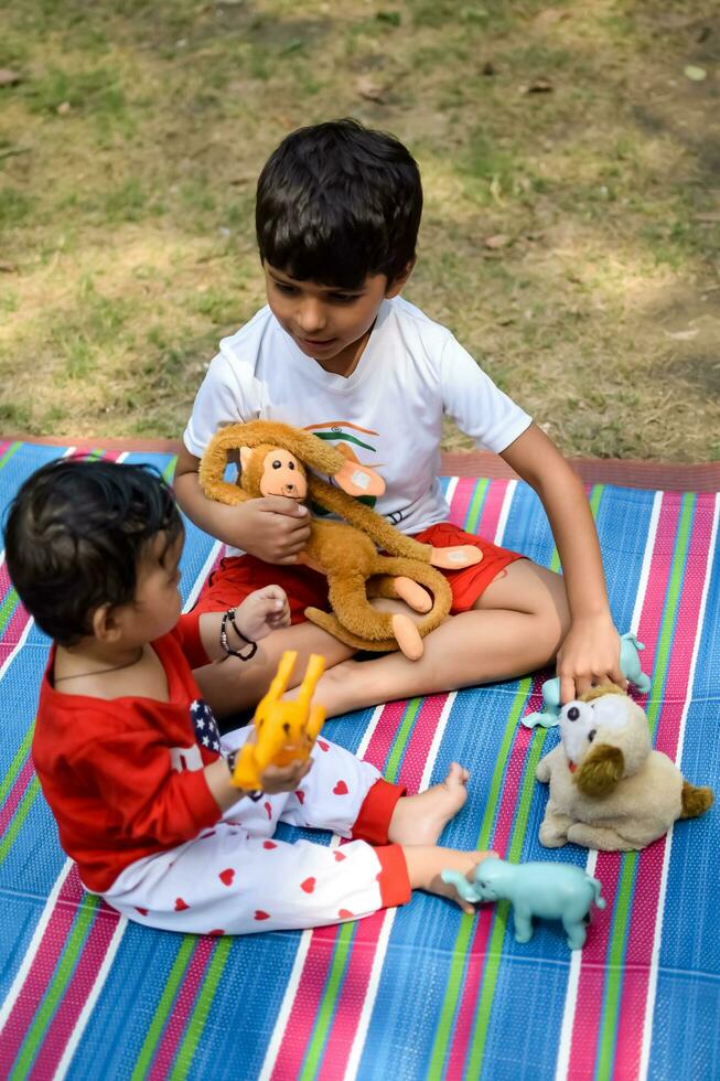 zwei glücklich Jungs im Gesellschaft Park, glücklich asiatisch Brüder Wer sind lächelnd glücklich zusammen. Brüder abspielen draußen im Sommer, Beste Freunde. Kleinkind Baby Junge spielen mit seine glücklich Bruder im das Garten foto