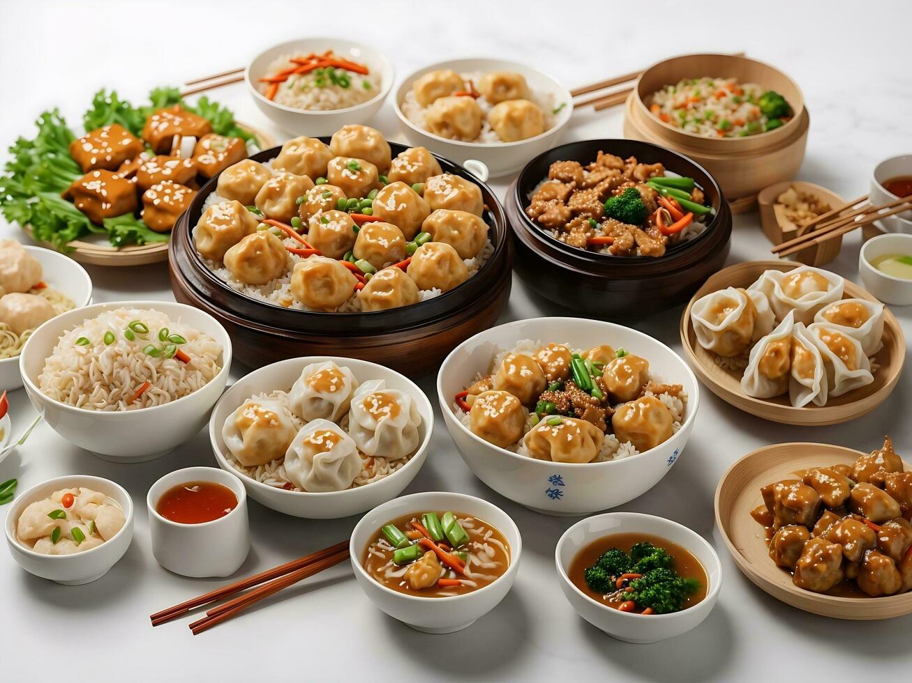 Chinesisch Essen auf Weiß Hintergrund. Nudeln, gebraten Reis, Knödel, rühren braten Huhn, dim Summe, Frühling rollen generativ ai foto