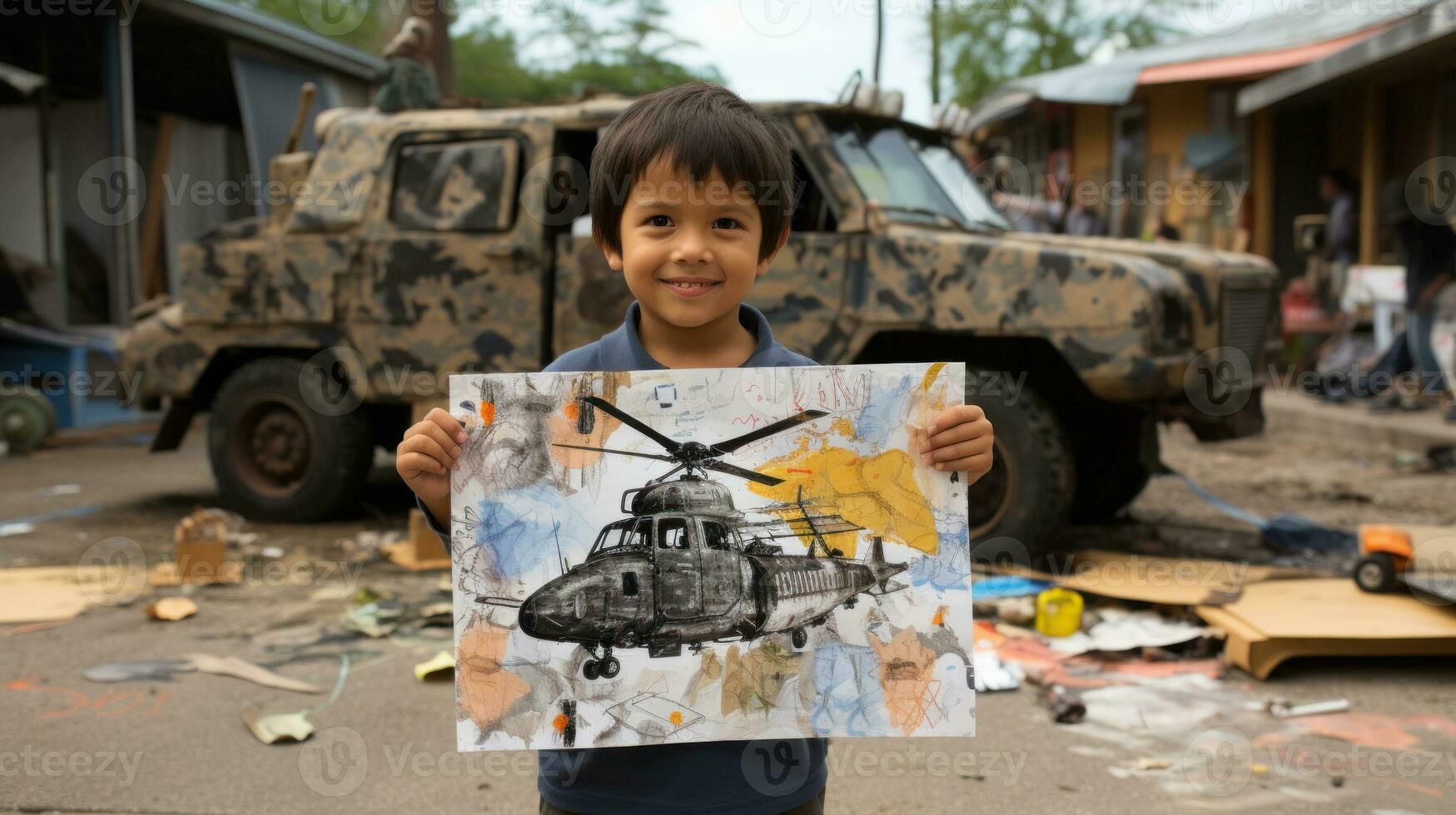 Vietnamesisch Junge halten ein Bild von ein Hubschrauber im Vorderseite von ein Militär- LKW, Kinder von Krieg. foto