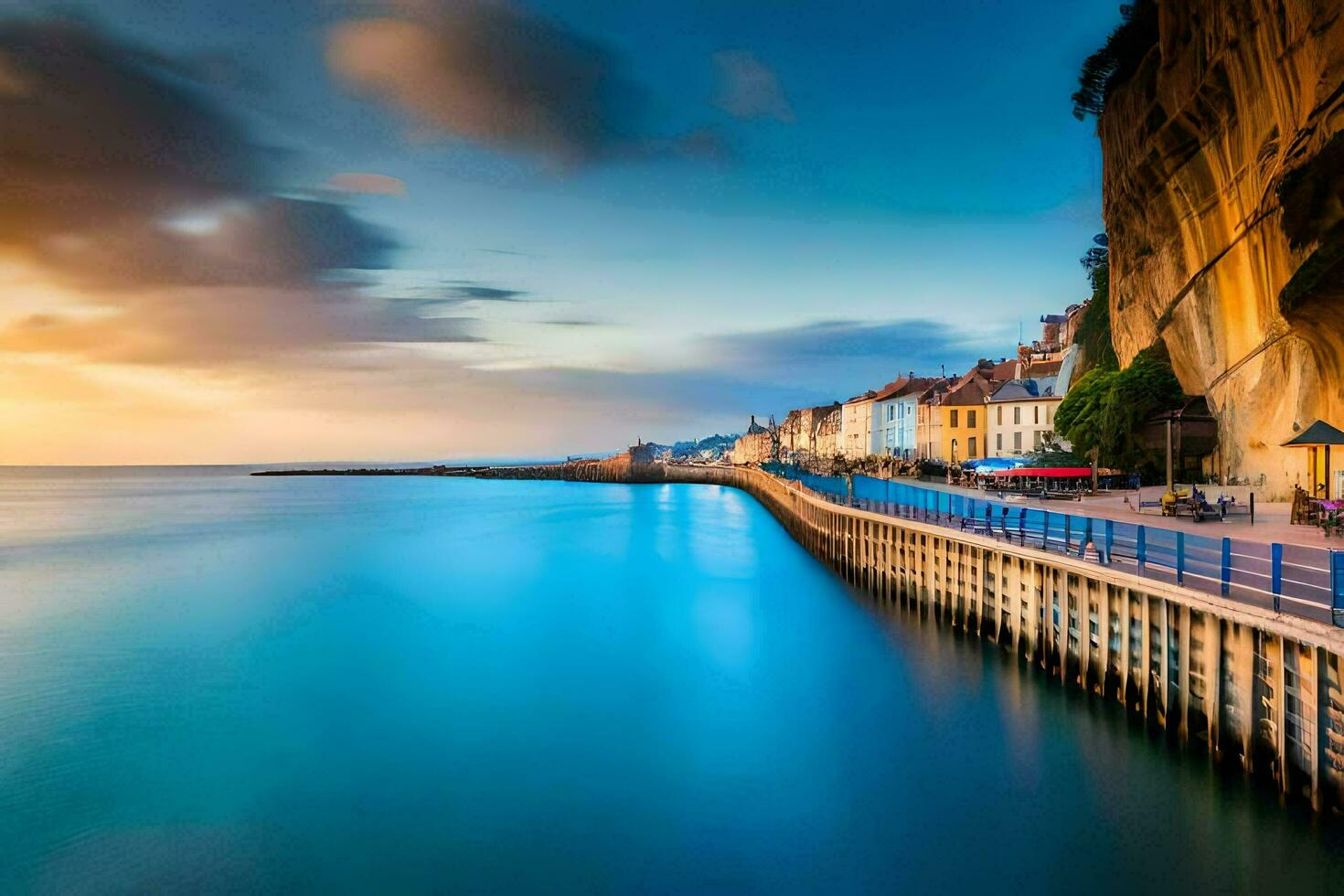 das Sonnenuntergang Über das Meer und Gebäude im das Hintergrund. KI-generiert foto