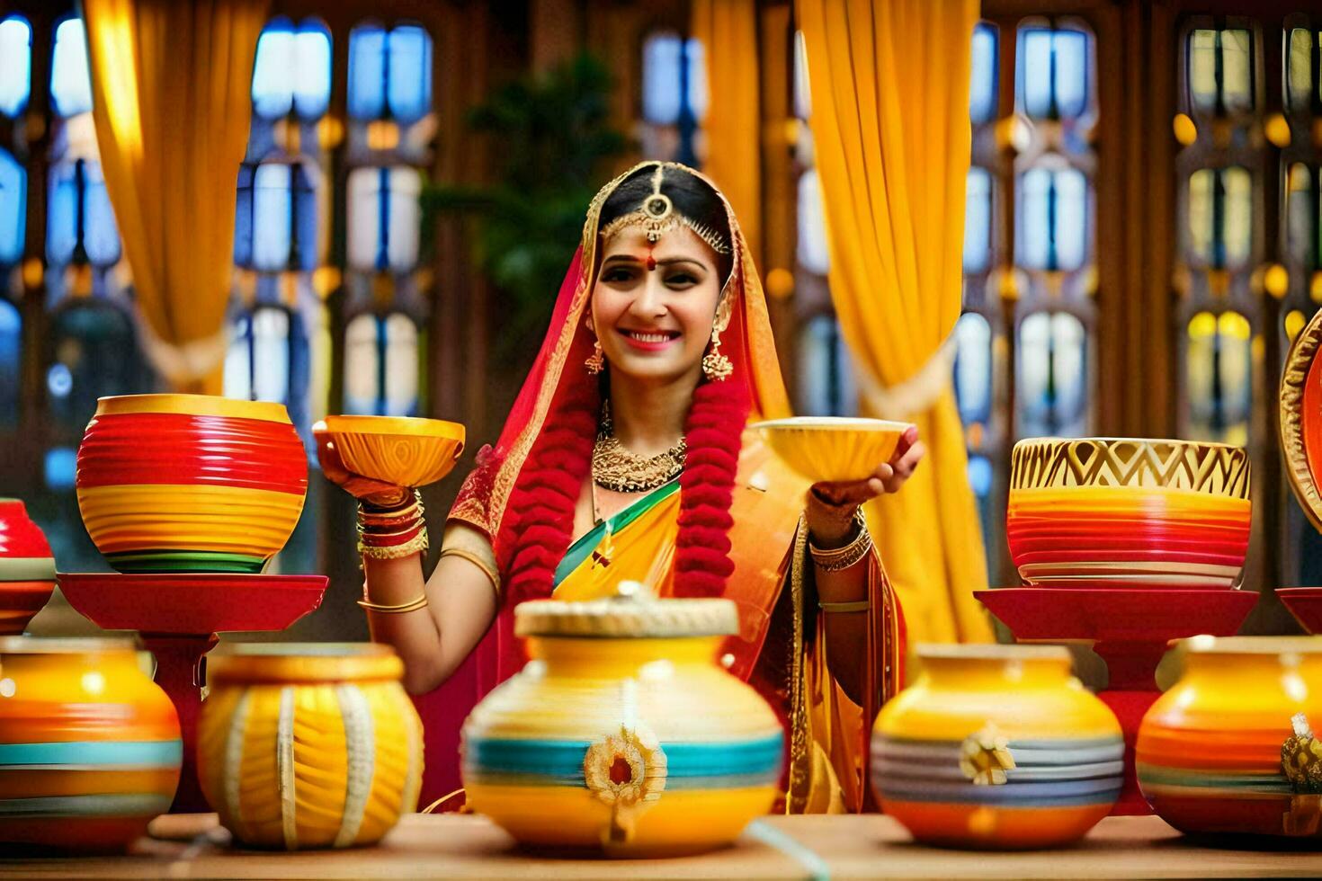 ein Frau im traditionell indisch Kleid halten ein Topf. KI-generiert foto